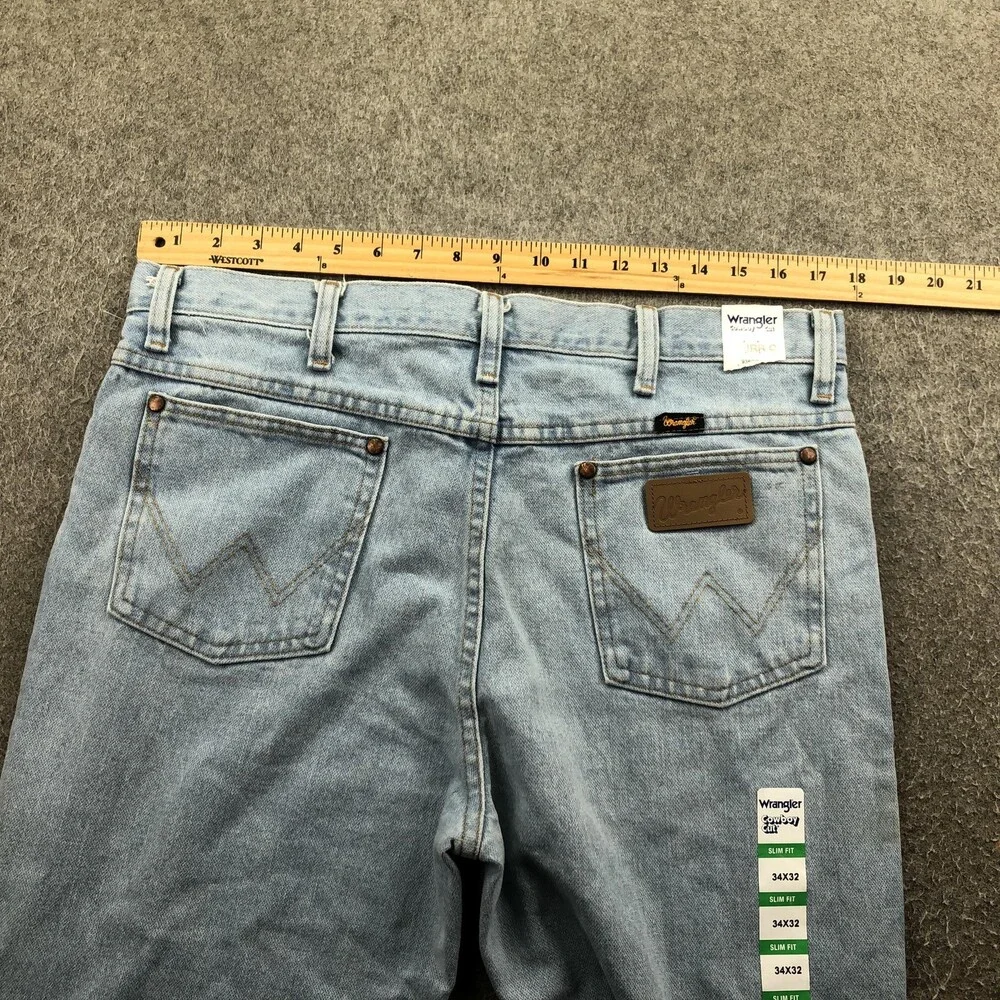Wrangler Jeans Mens 34x32 Blue Light Wash Slim Straight Denim Cowboy Cut 936GBH